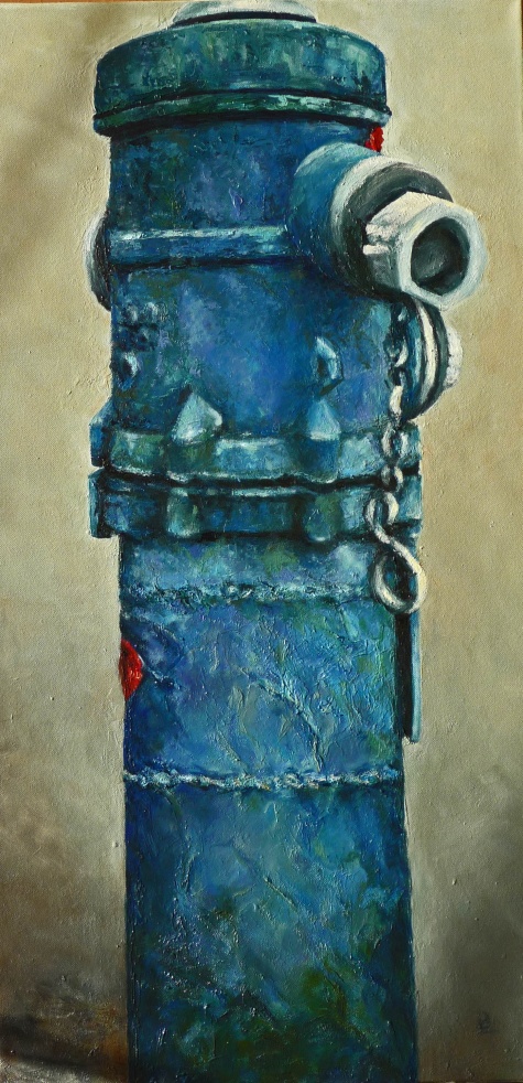 der blaue hydrant, 40x80, &ouml;l, 2016 &uuml;berarbeitet