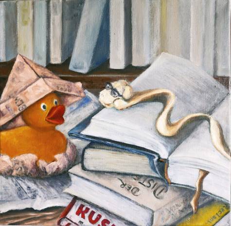 zeitungsente trifft b&uuml;cherwurm, 30x30 cm, &ouml;l auf lw, 4-2020